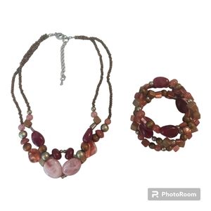 Vintage Pink Brown Beaded 2 Stand Silver Tone Adjustable Necklace & Bracelet Set